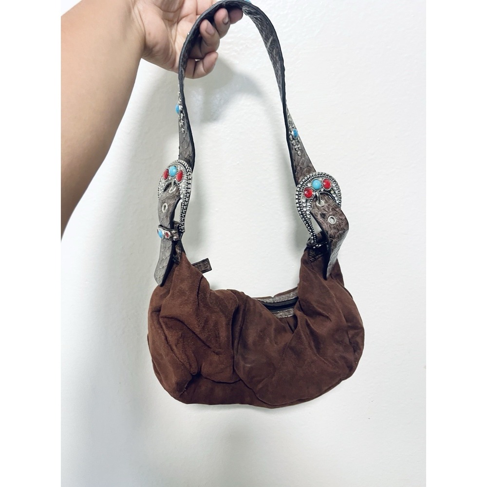 Western Brown Suede Hobo Purse Turquoise Concho Cowgirl Boho Shoulder Bag Y2K
